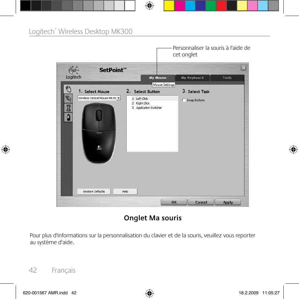 42 français logitech, Wireless desktop mk300 onglet ma souris | Logitech Wireless Desktop MK300 User Manual | Page 42 / 60