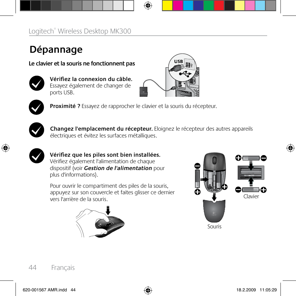 Dépannage, 44 français logitech, Wireless desktop mk300 | Logitech Wireless Desktop MK300 User Manual | Page 44 / 60