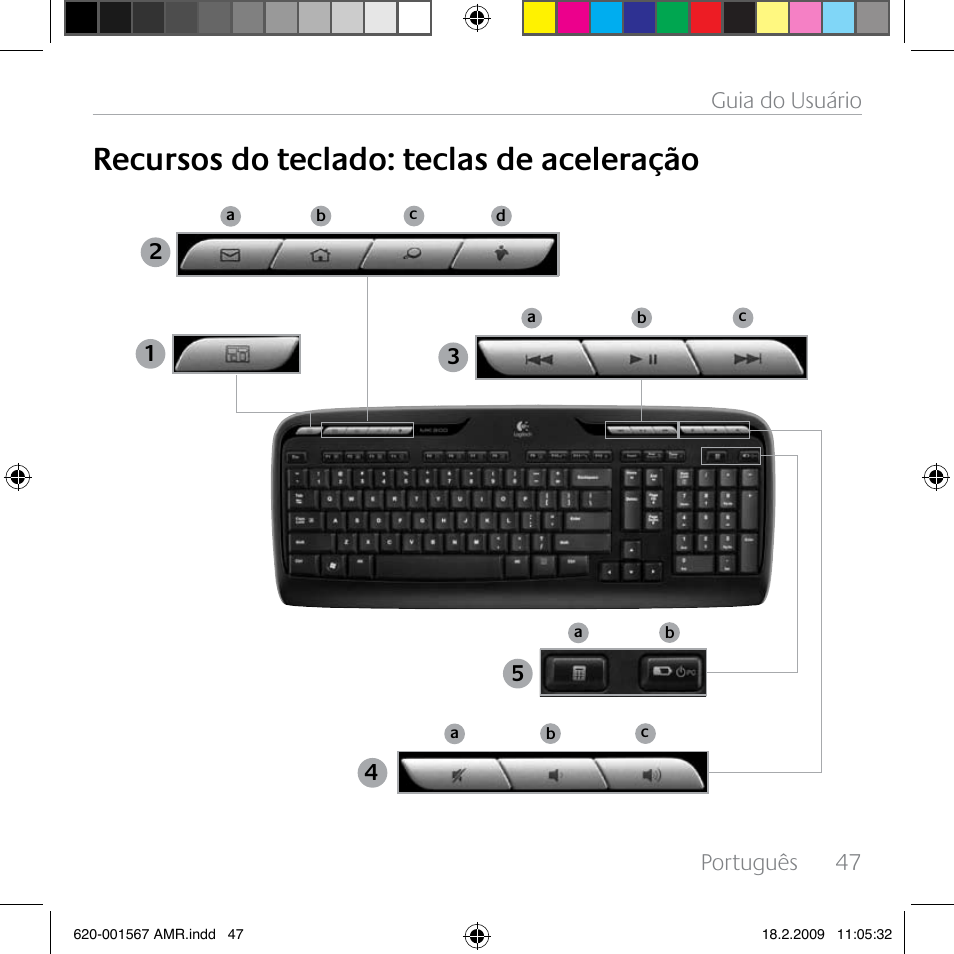 Recursos do teclado: teclas de aceleração, Português, 47 guia do usuário | Logitech Wireless Desktop MK300 User Manual | Page 47 / 60