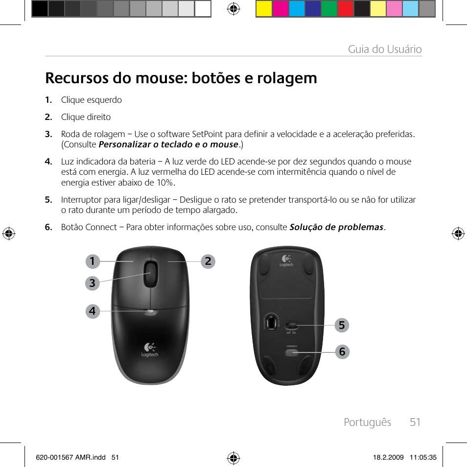 Recursos do mouse: botões e rolagem | Logitech Wireless Desktop MK300 User Manual | Page 51 / 60