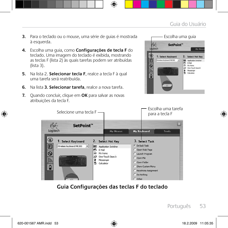 Português, 53 guia do usuário, Guia configurações das teclas f do teclado | Logitech Wireless Desktop MK300 User Manual | Page 53 / 60