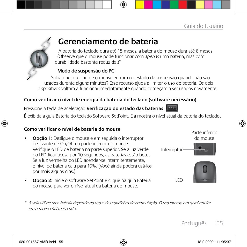 Gerenciamento de bateria, Português, 55 guia do usuário | Logitech Wireless Desktop MK300 User Manual | Page 55 / 60