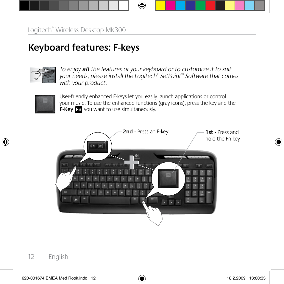 Keyboard features: f-keys, 12 english logitech, Wireless desktop mk300 | Logitech MK300 User Manual | Page 12 / 72