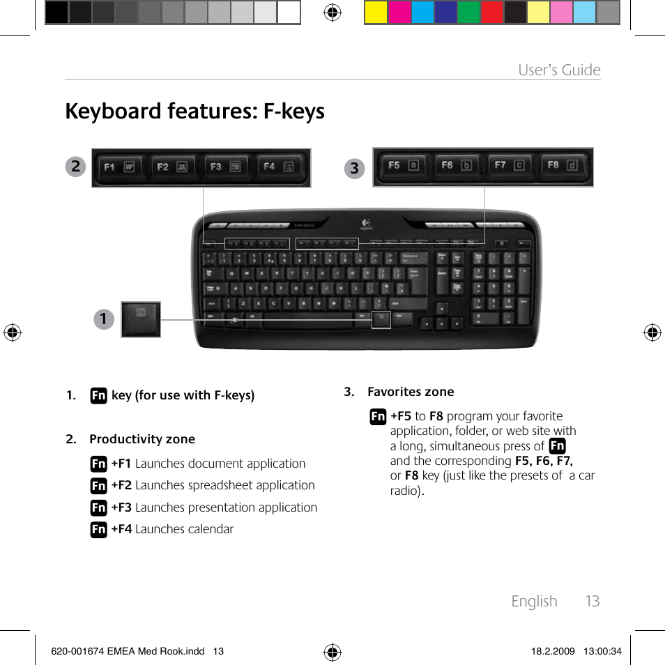 Keyboard features: f-keys, English, 13 user’s guide | Logitech MK300 User Manual | Page 13 / 72