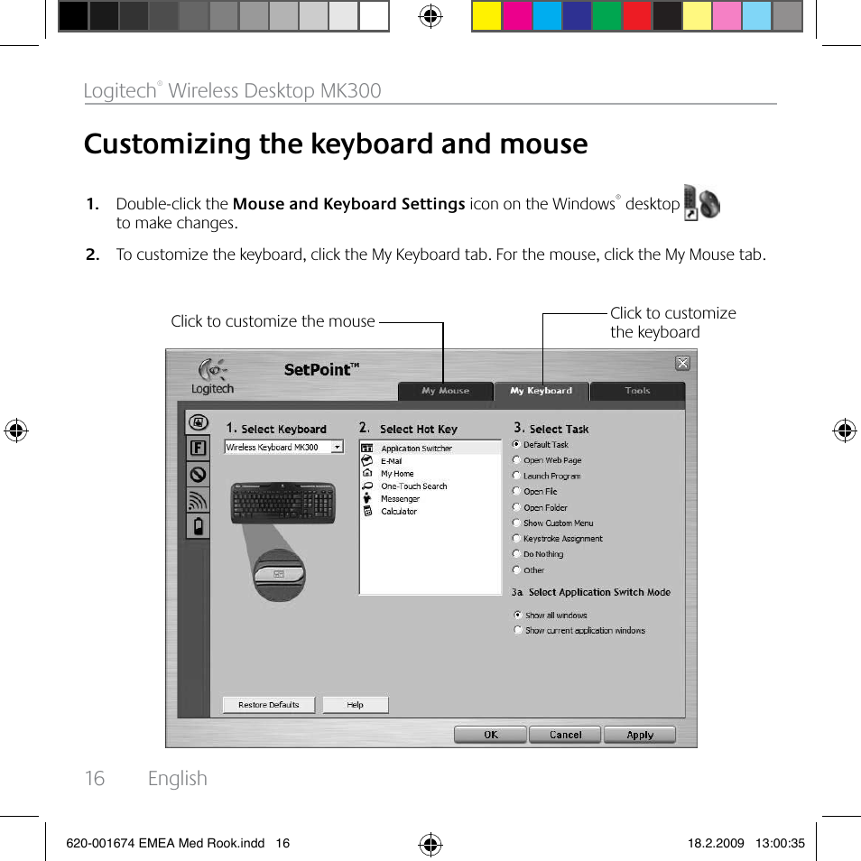 Customizing the keyboard and mouse, 16 english logitech, Wireless desktop mk300 | Logitech MK300 User Manual | Page 16 / 72