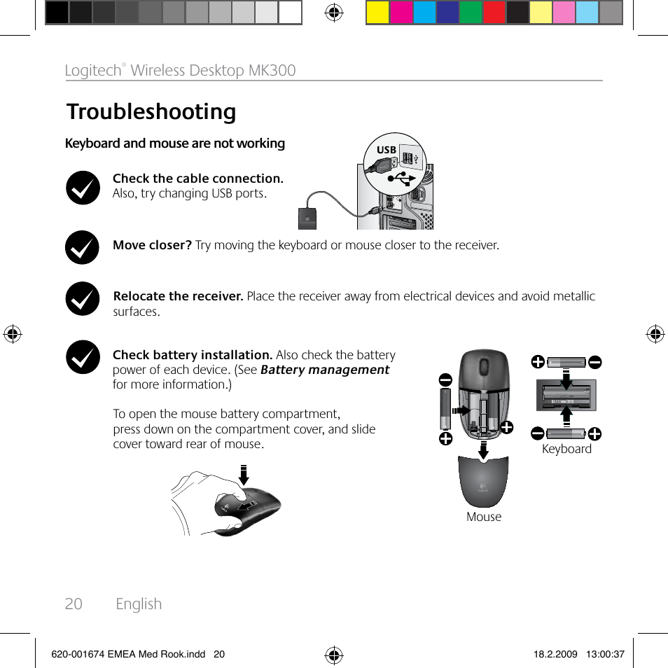 Troubleshooting, 20 english logitech, Wireless desktop mk300 | Logitech MK300 User Manual | Page 20 / 72