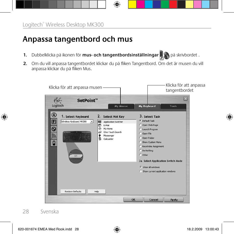 Anpassa tangentbord och mus, 28 svenska logitech, Wireless desktop mk300 | Logitech MK300 User Manual | Page 28 / 72