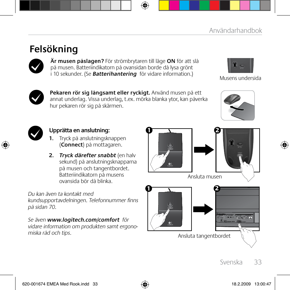 Felsökning, Svenska, 33 användarhandbok | Logitech MK300 User Manual | Page 33 / 72