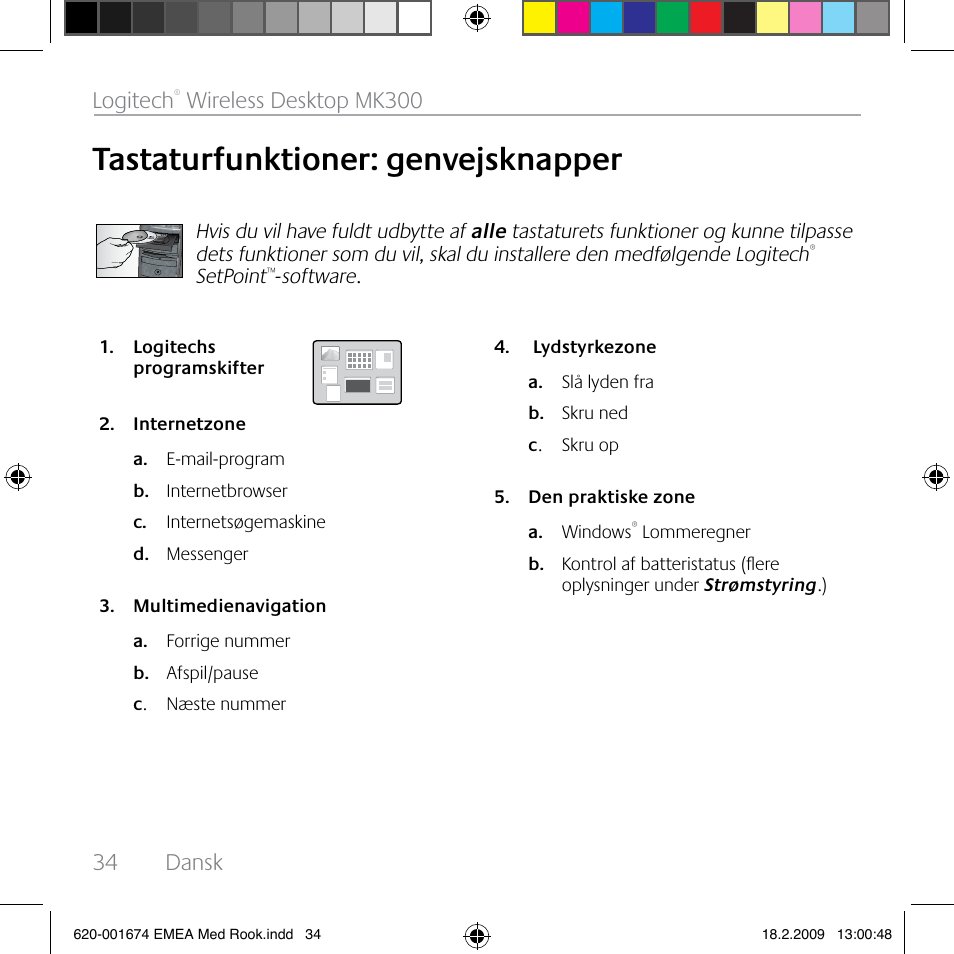 Tastaturfunktioner: genvejsknapper, 34 dansk logitech, Wireless desktop mk300 | Logitech MK300 User Manual | Page 34 / 72