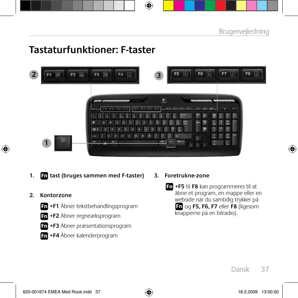 Tastaturfunktioner: f-taster, Dansk, 37 brugervejledning | Logitech MK300 User Manual | Page 37 / 72