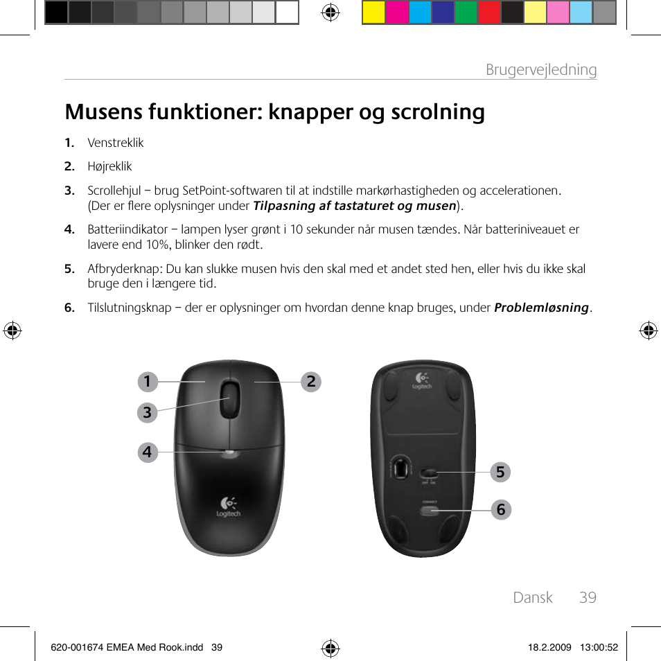 Musens funktioner: knapper og scrolning | Logitech MK300 User Manual | Page 39 / 72