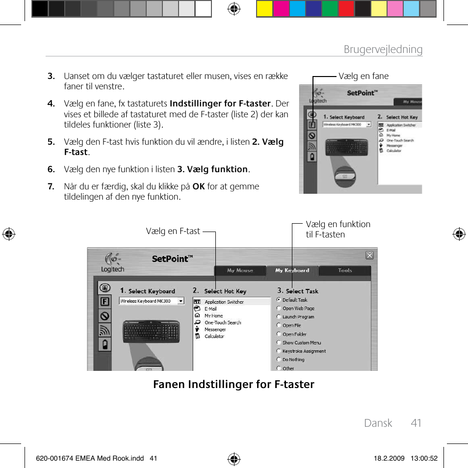 Dansk, 41 brugervejledning, Fanen indstillinger for f-taster | Logitech MK300 User Manual | Page 41 / 72