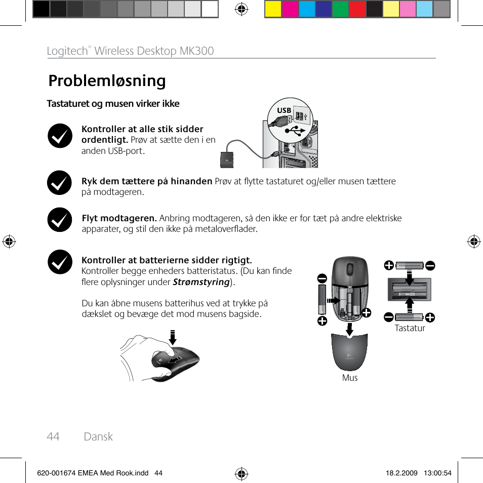 Problemløsning, 44 dansk logitech, Wireless desktop mk300 | Logitech MK300 User Manual | Page 44 / 72
