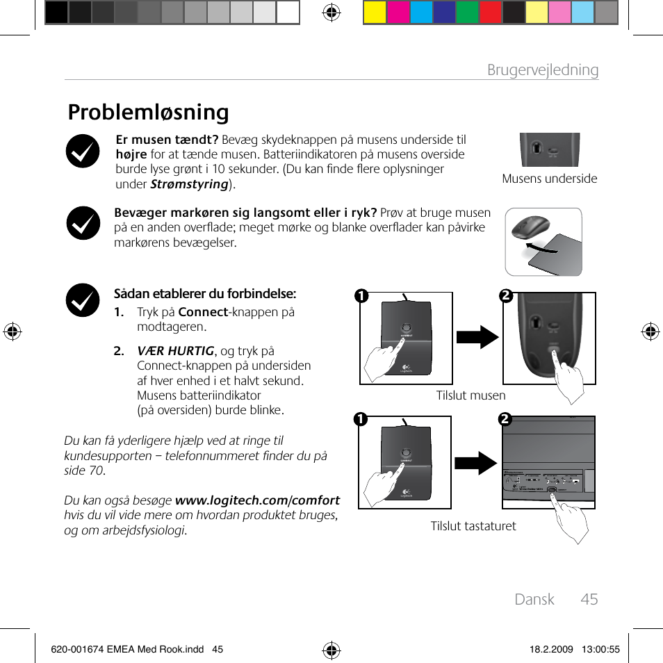 Problemløsning, Dansk, 45 brugervejledning | Logitech MK300 User Manual | Page 45 / 72