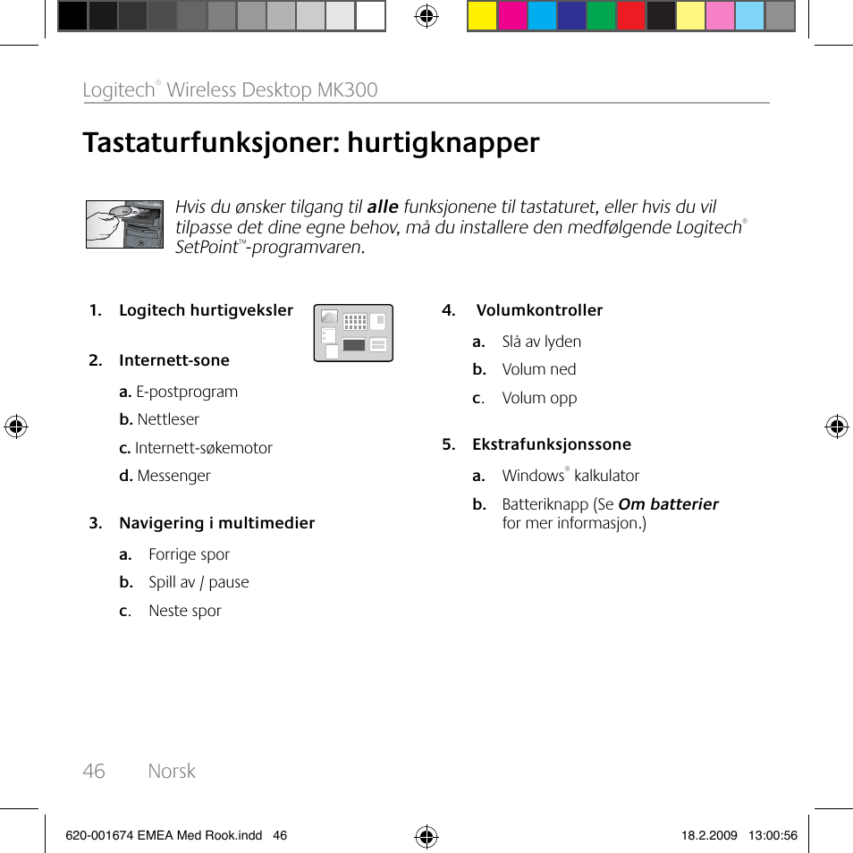 Tastaturfunksjoner: hurtigknapper, 46 norsk logitech, Wireless desktop mk300 | Logitech MK300 User Manual | Page 46 / 72