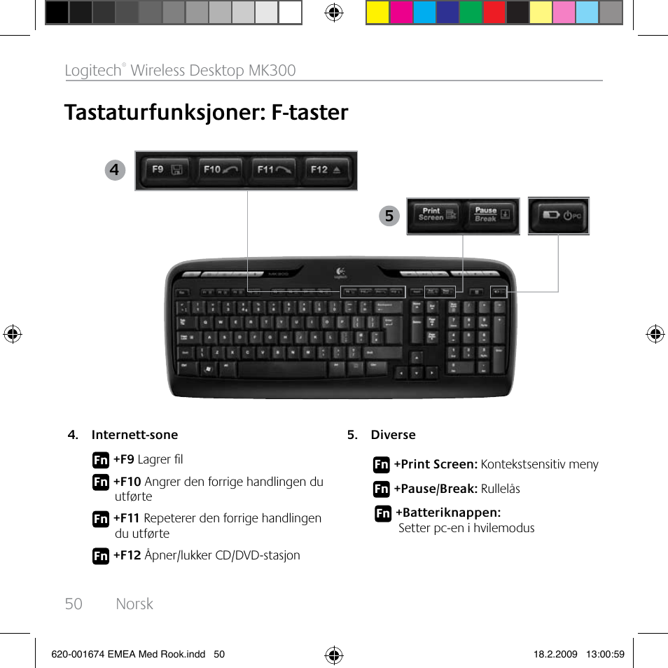 Tastaturfunksjoner: f-taster, 50 norsk logitech, Wireless desktop mk300 | Logitech MK300 User Manual | Page 50 / 72