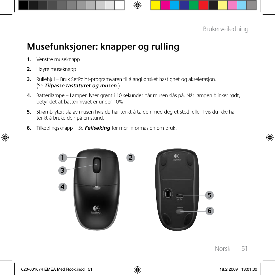 Musefunksjoner: knapper og rulling | Logitech MK300 User Manual | Page 51 / 72