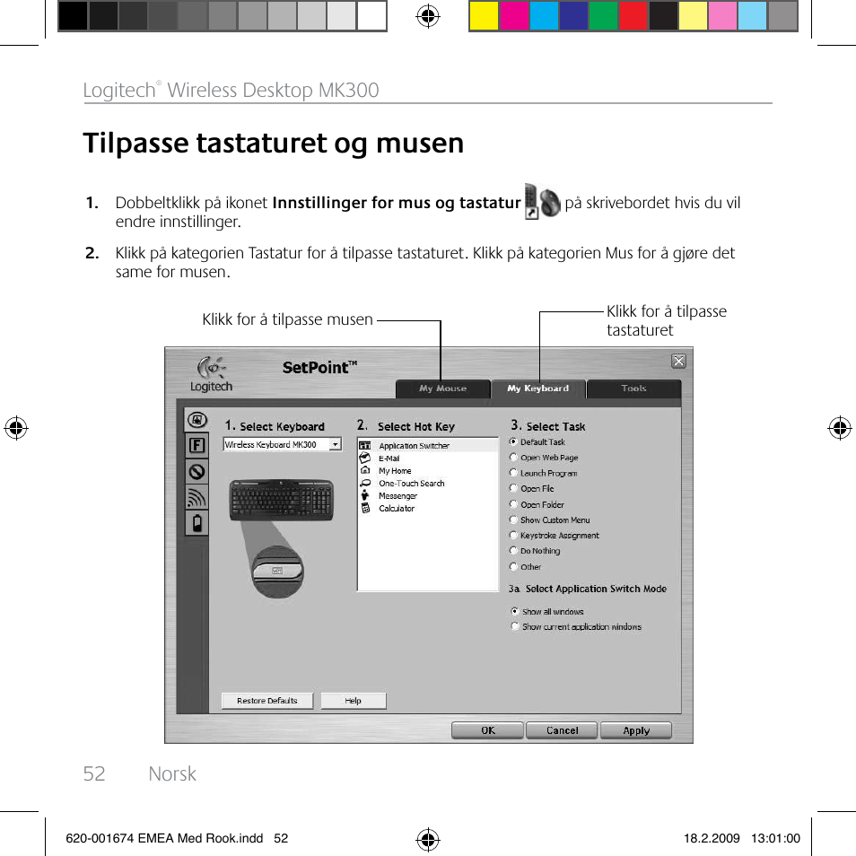 Tilpasse tastaturet og musen, 52 norsk logitech, Wireless desktop mk300 | Logitech MK300 User Manual | Page 52 / 72