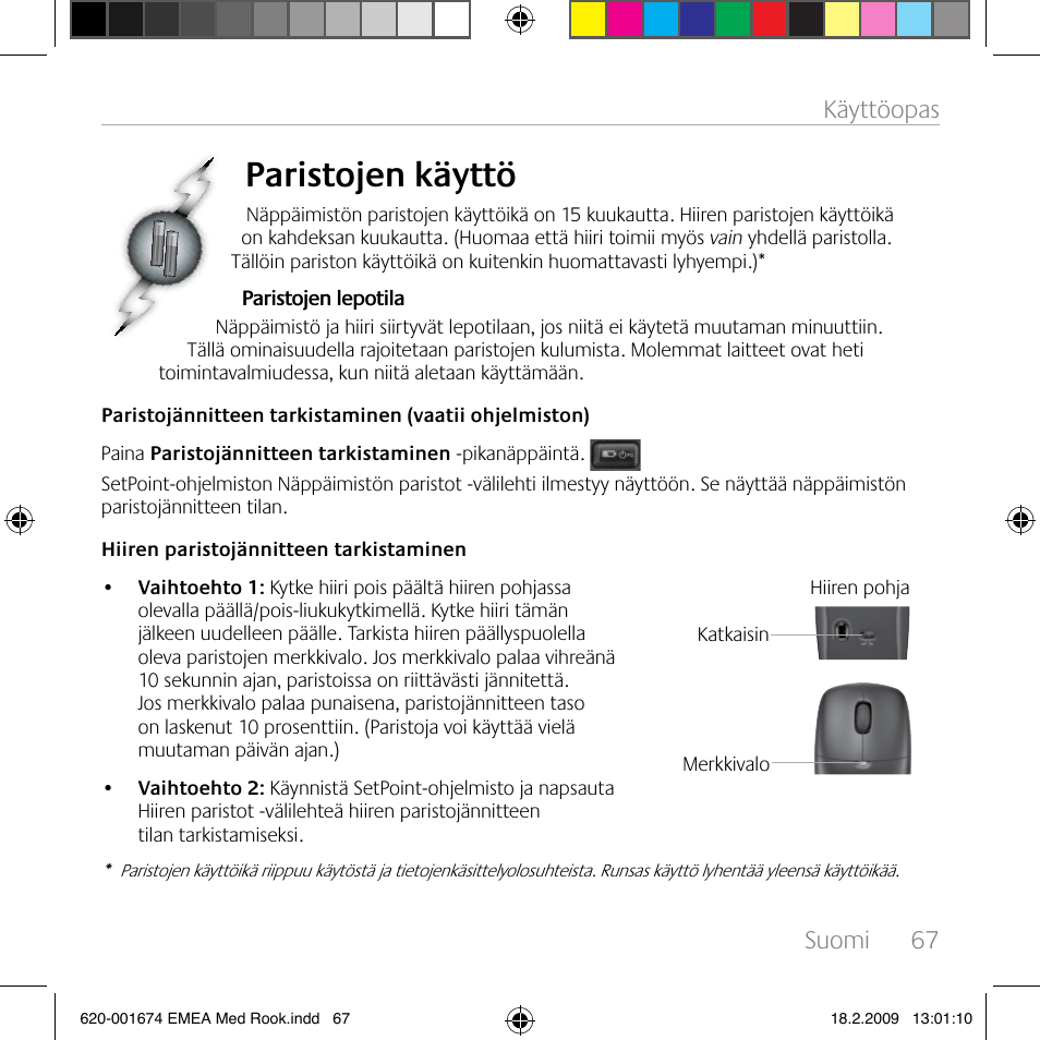 Paristojen käyttö, Suomi, 67 käyttöopas | Logitech MK300 User Manual | Page 67 / 72