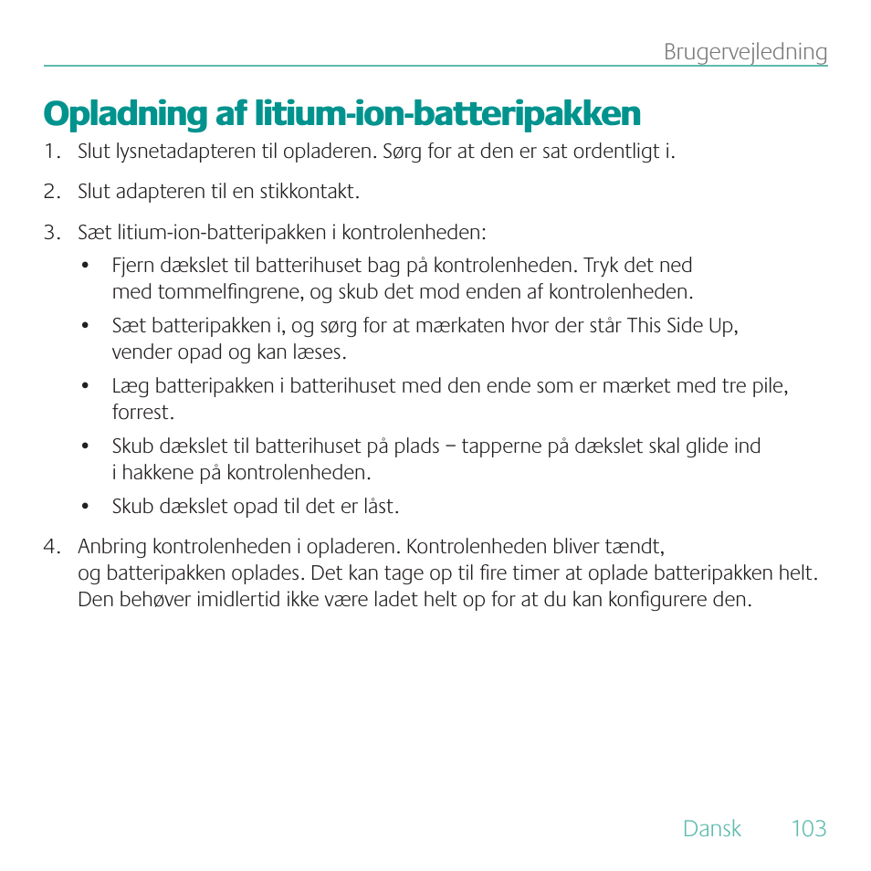 Opladning af litium-ion-batteripakken | Logitech Duet User Manual | Page 103 / 196