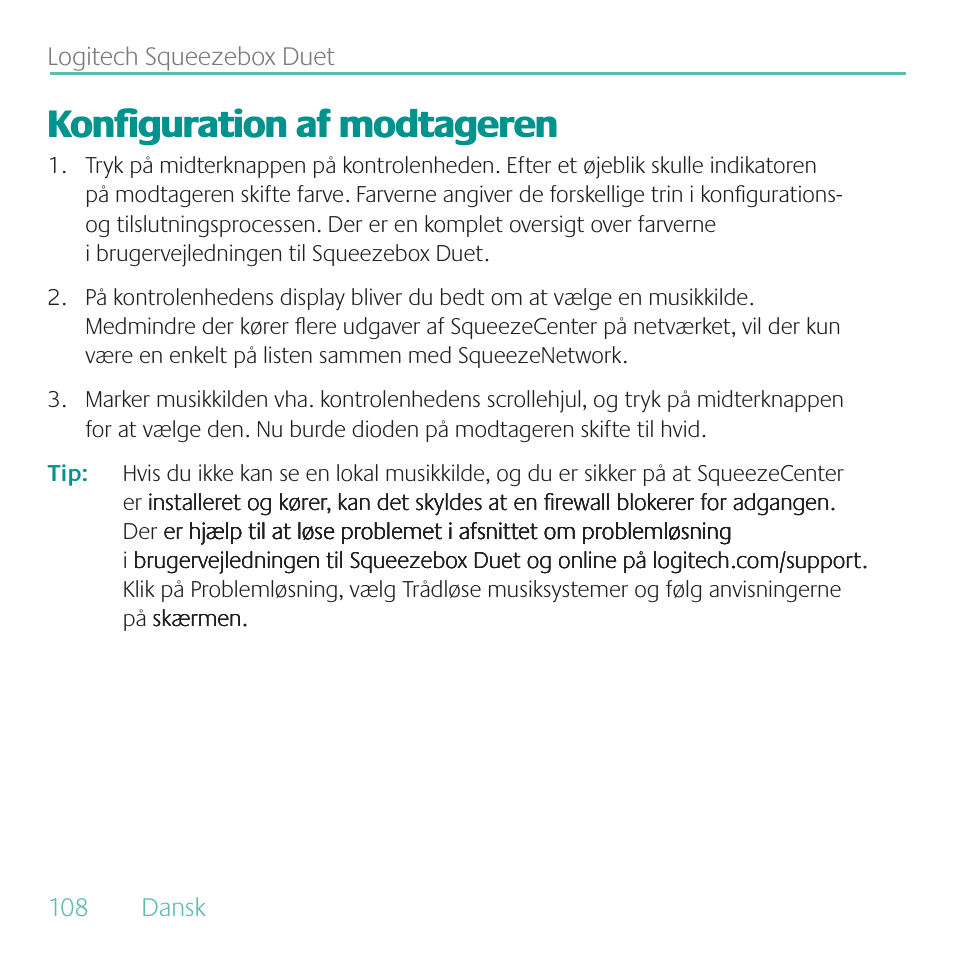 Konfiguration af modtageren | Logitech Duet User Manual | Page 108 / 196