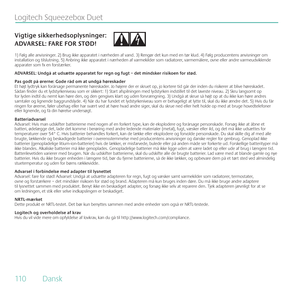 . dansk. logitech.squeezebox.duet | Logitech Duet User Manual | Page 110 / 196