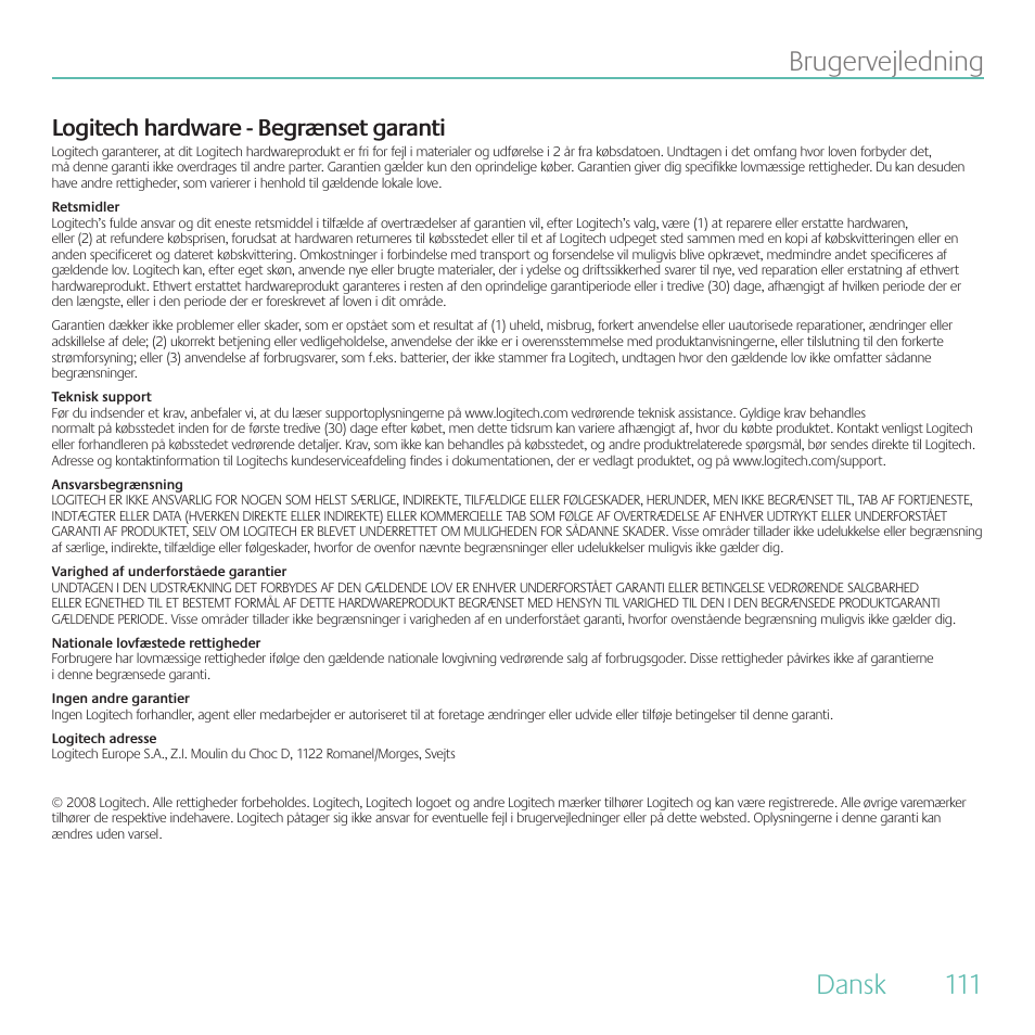 Dansk brugervejledning, Logitech hardware - begrænset garanti | Logitech Duet User Manual | Page 111 / 196