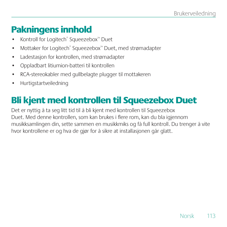 Pakningens innhold, Bli kjent med kontrollen til squeezebox duet | Logitech Duet User Manual | Page 113 / 196