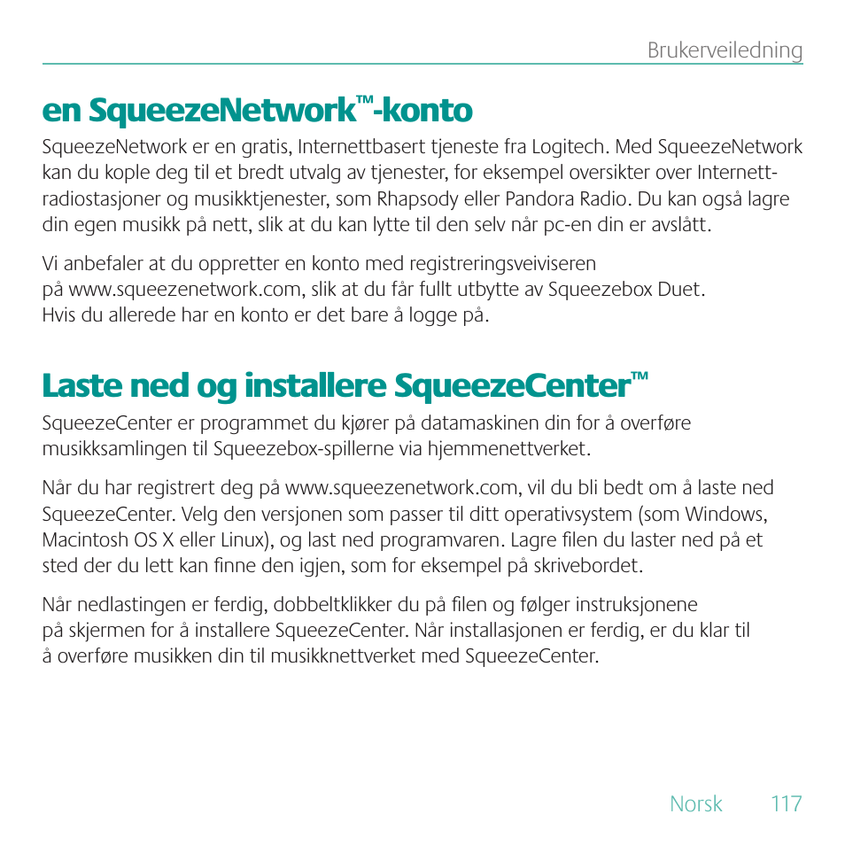 En squeezenetwork, Konto, Laste ned og installere squeezecenter | Logitech Duet User Manual | Page 117 / 196