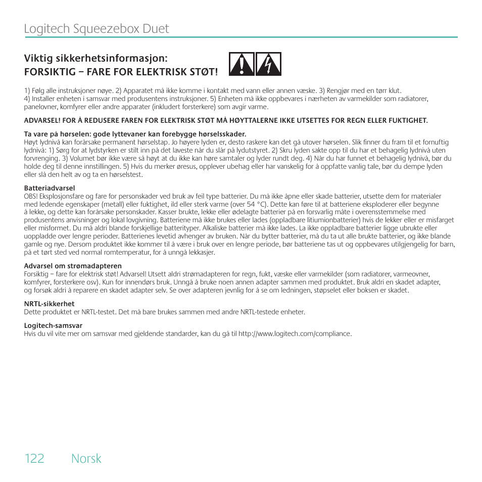. norsk. logitech.squeezebox.duet | Logitech Duet User Manual | Page 122 / 196