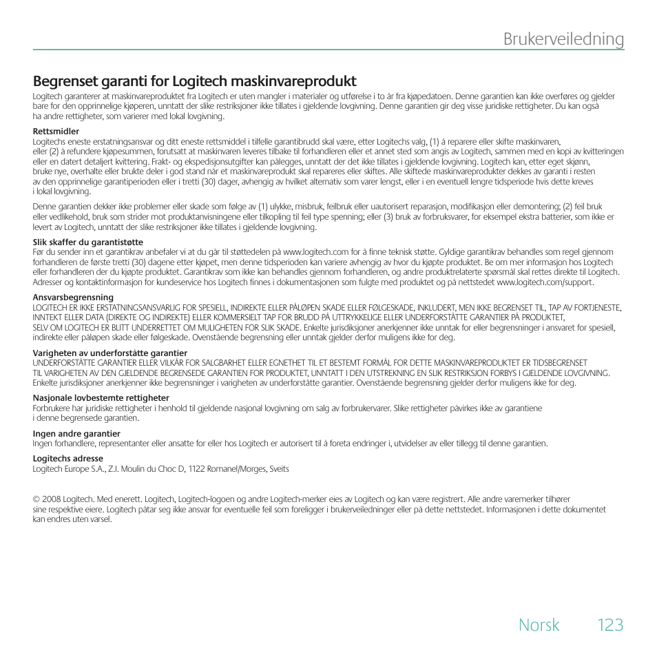 Norsk brukerveiledning, Begrenset garanti for logitech maskinvareprodukt | Logitech Duet User Manual | Page 123 / 196