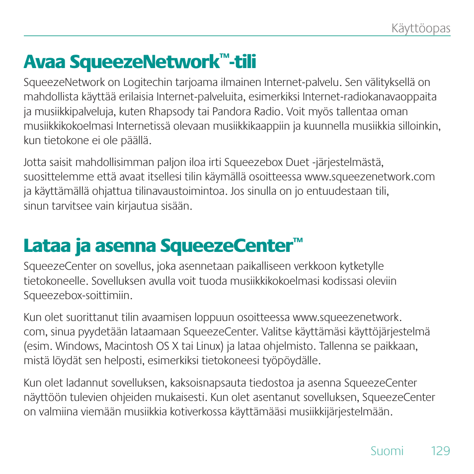 Avaa squeezenetwork, Tili, Lataa ja asenna squeezecenter | Logitech Duet User Manual | Page 129 / 196
