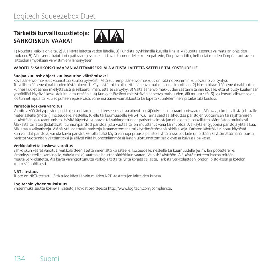 . suomi. logitech.squeezebox.duet, Tärkeitä turvallisuustietoja: sähköiskun vaara | Logitech Duet User Manual | Page 134 / 196