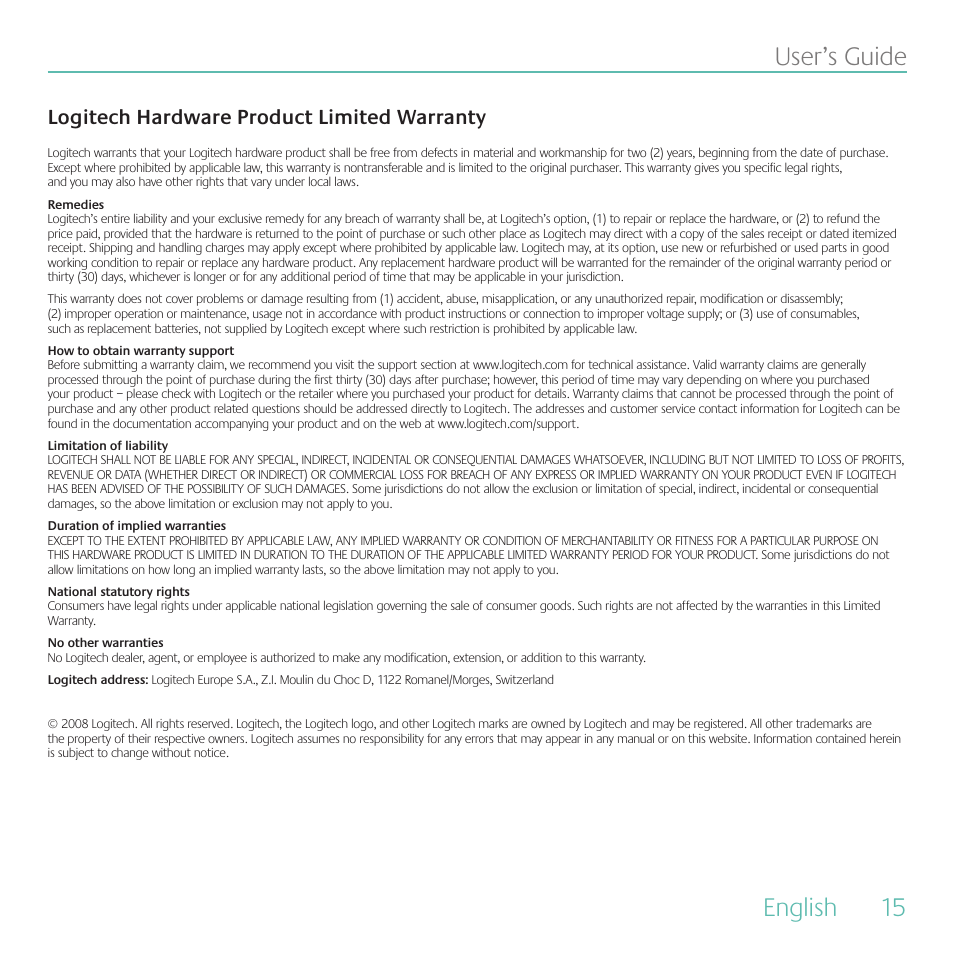 English, 15 user’s.guide, Logitech hardware product limited warranty | Logitech Duet User Manual | Page 15 / 196