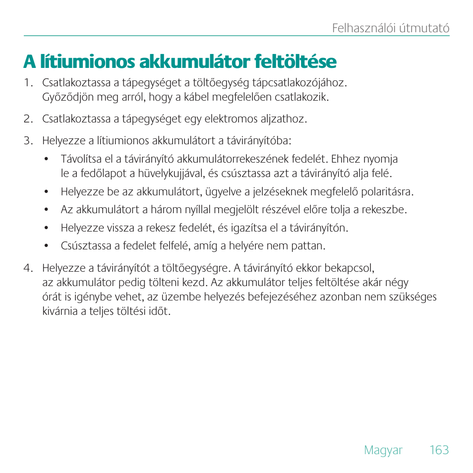 A lítiumionos akkumulátor feltöltése | Logitech Duet User Manual | Page 163 / 196
