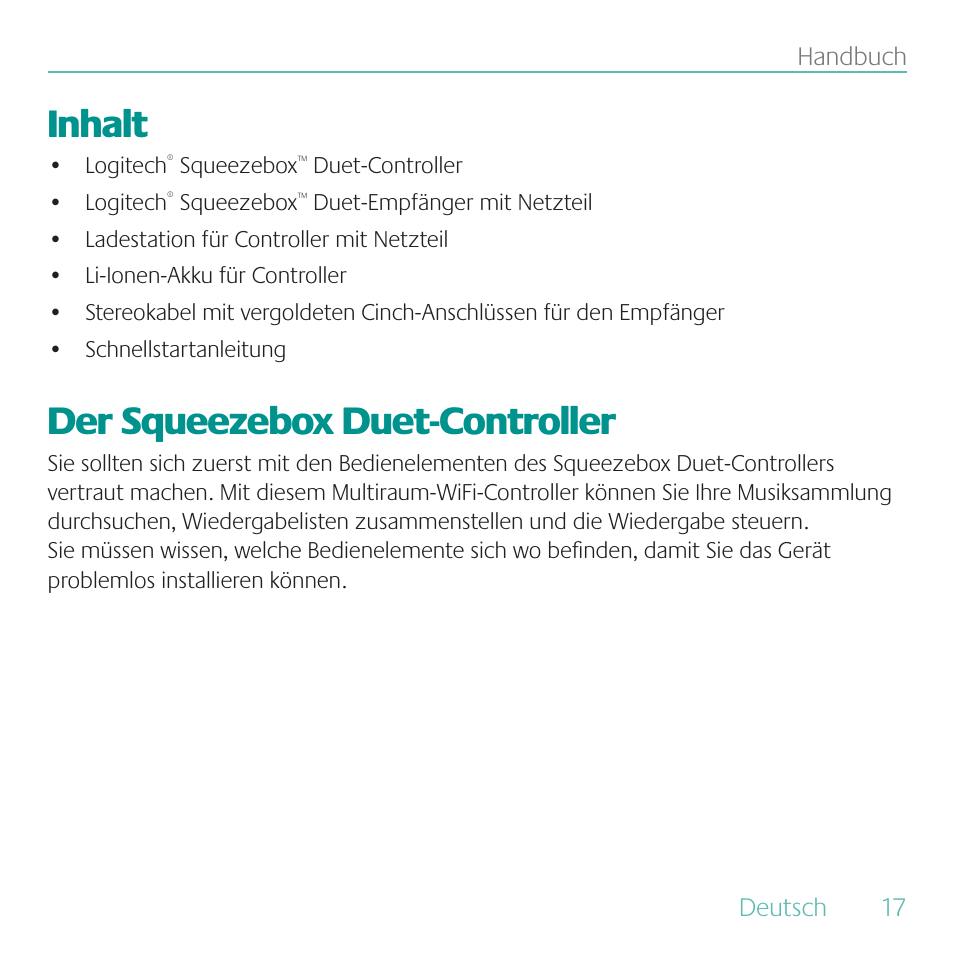 Inhalt, Der squeezebox duet-controller | Logitech Duet User Manual | Page 17 / 196