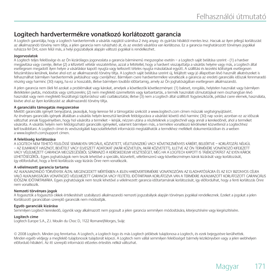 Magyar felhasználói útmutató | Logitech Duet User Manual | Page 171 / 196