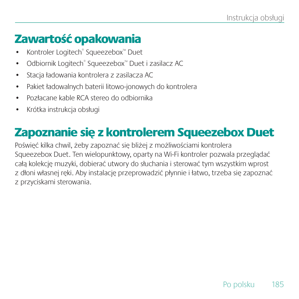Zawartość opakowania, Zapoznanie się z kontrolerem squeezebox duet | Logitech Duet User Manual | Page 185 / 196