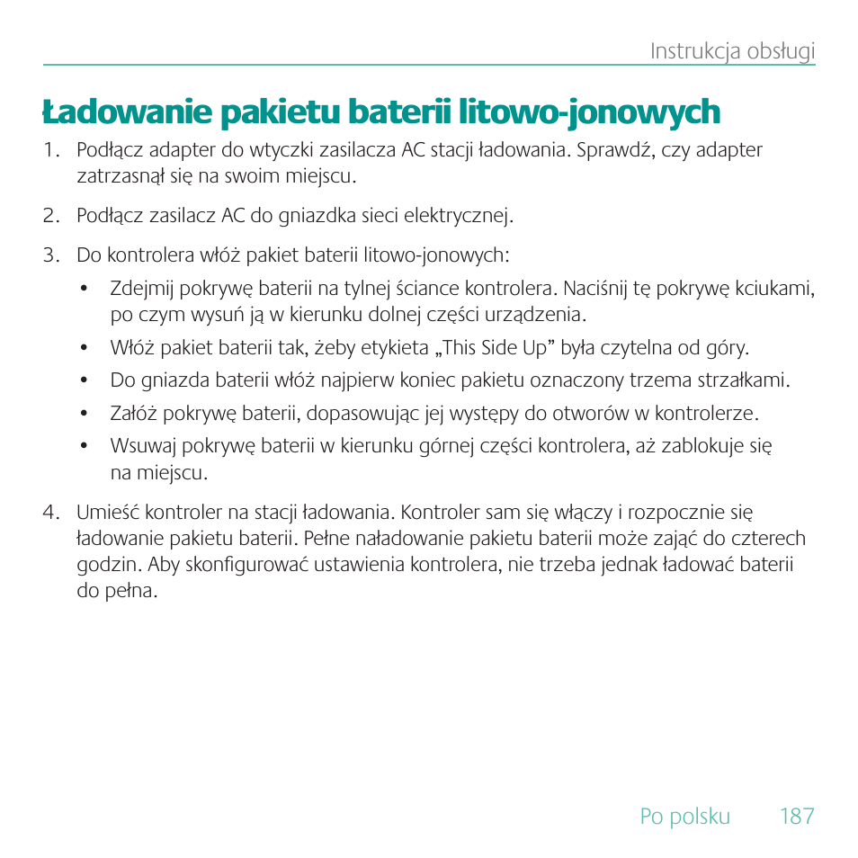 Ładowanie pakietu baterii litowo-jonowych | Logitech Duet User Manual | Page 187 / 196