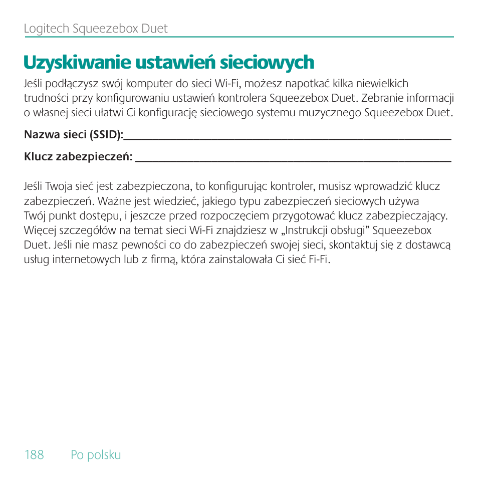 Uzyskiwanie ustawień sieciowych | Logitech Duet User Manual | Page 188 / 196