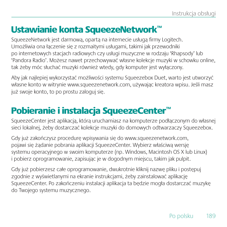Ustawianie konta squeezenetwork, Pobieranie i instalacja squeezecenter | Logitech Duet User Manual | Page 189 / 196