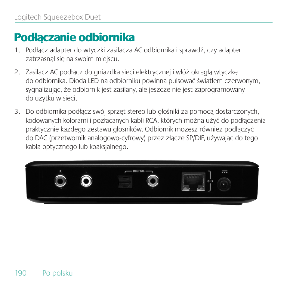 Podłączanie odbiornika | Logitech Duet User Manual | Page 190 / 196