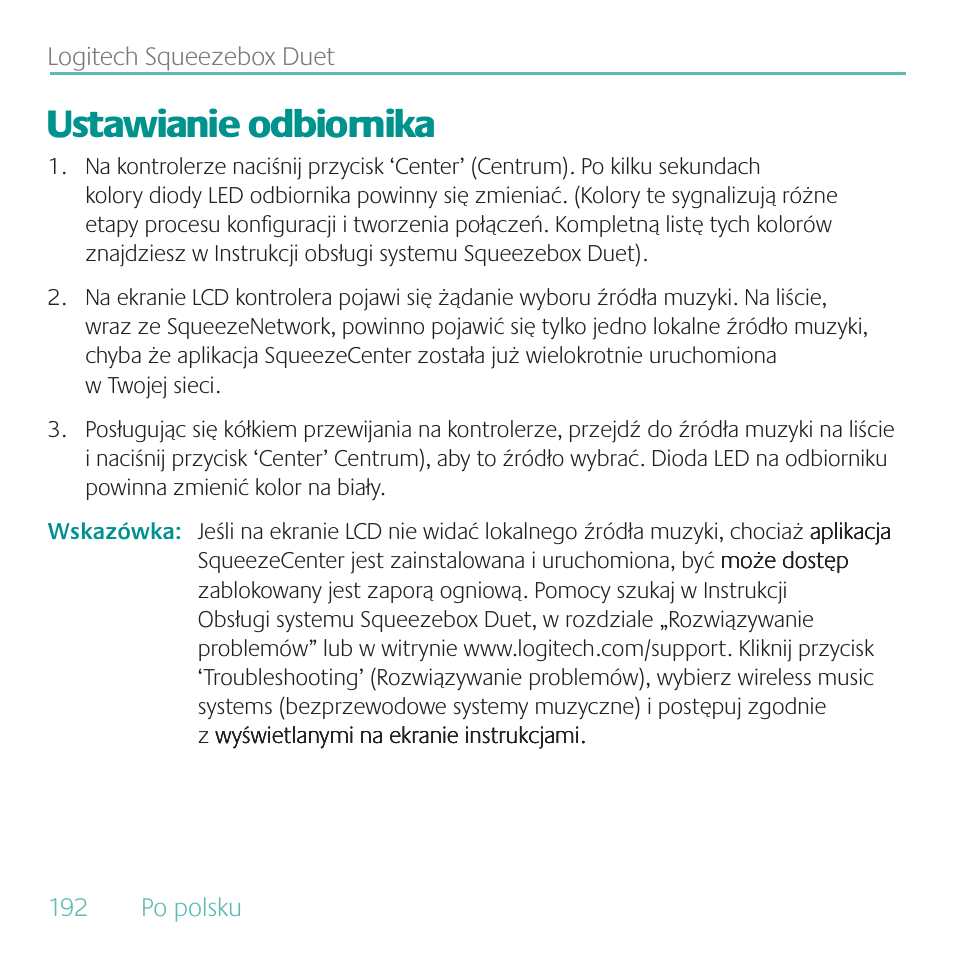 Ustawianie odbiornika | Logitech Duet User Manual | Page 192 / 196