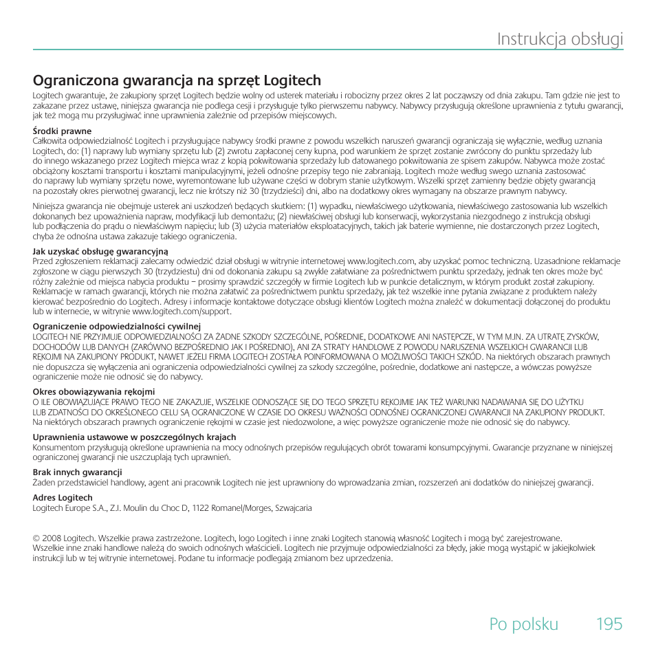 Po polsku 5 instrukcja obsługi, Ograniczona gwarancja na sprzęt logitech | Logitech Duet User Manual | Page 195 / 196