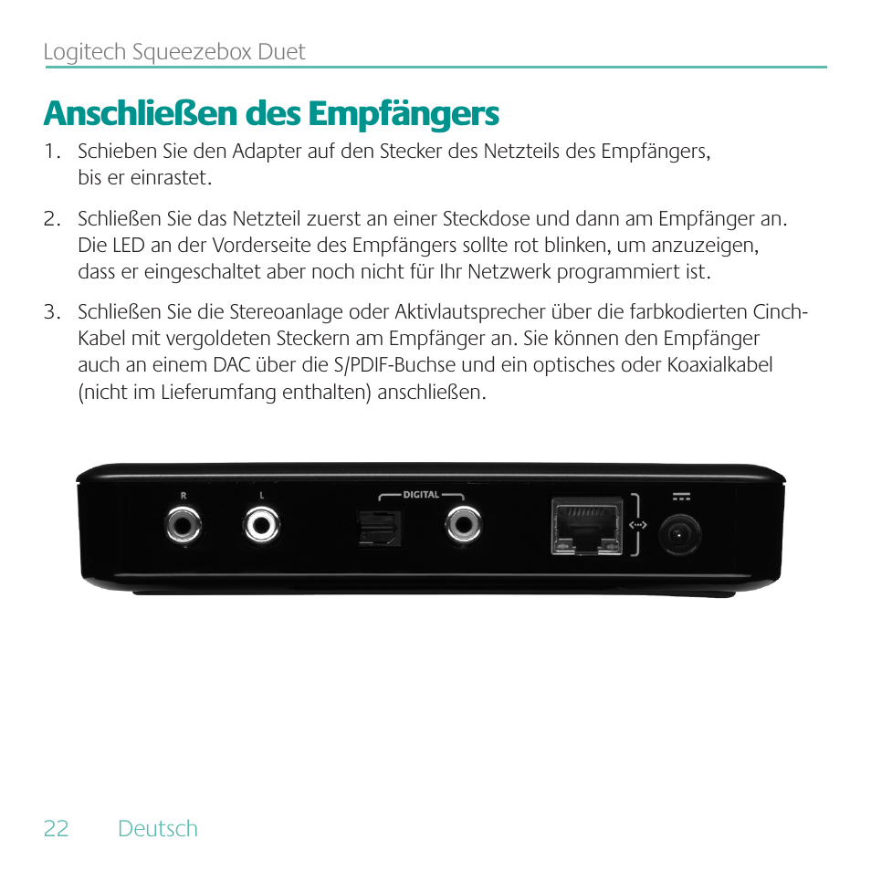 Anschließen des empfängers | Logitech Duet User Manual | Page 22 / 196