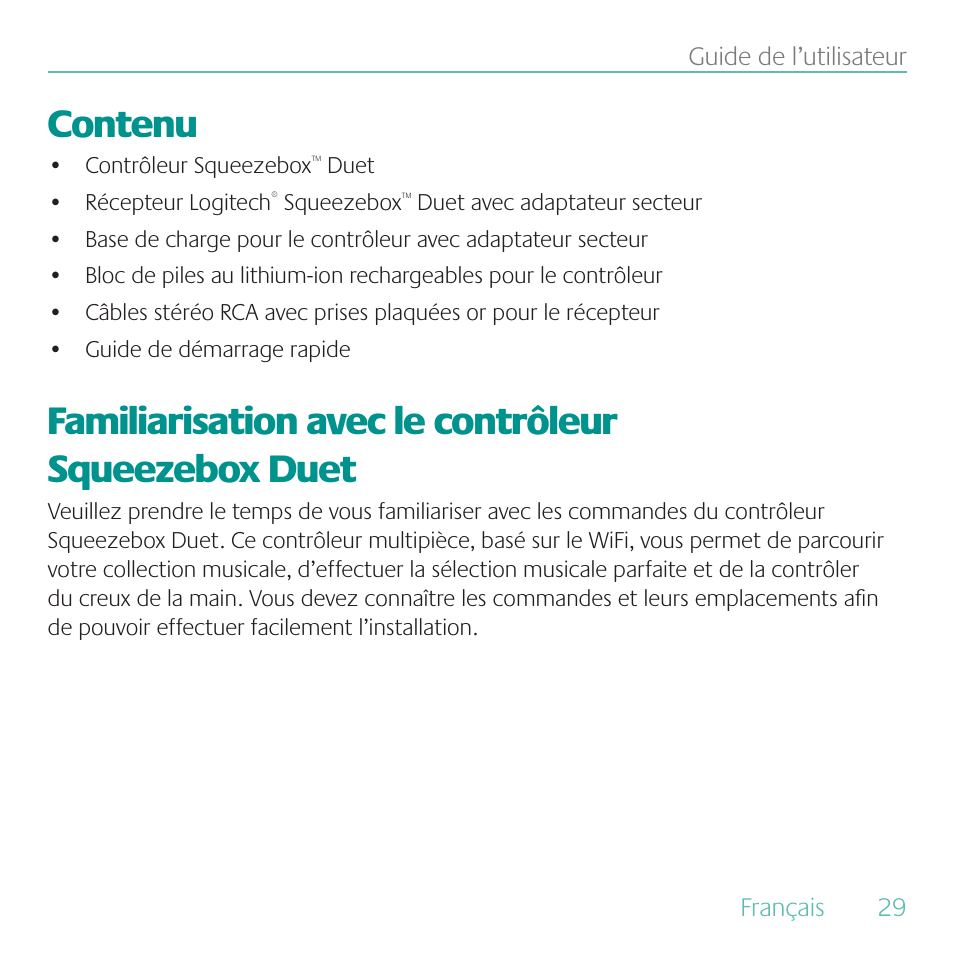 Contenu, Familiarisation avec le contrôleur squeezebox duet | Logitech Duet User Manual | Page 29 / 196