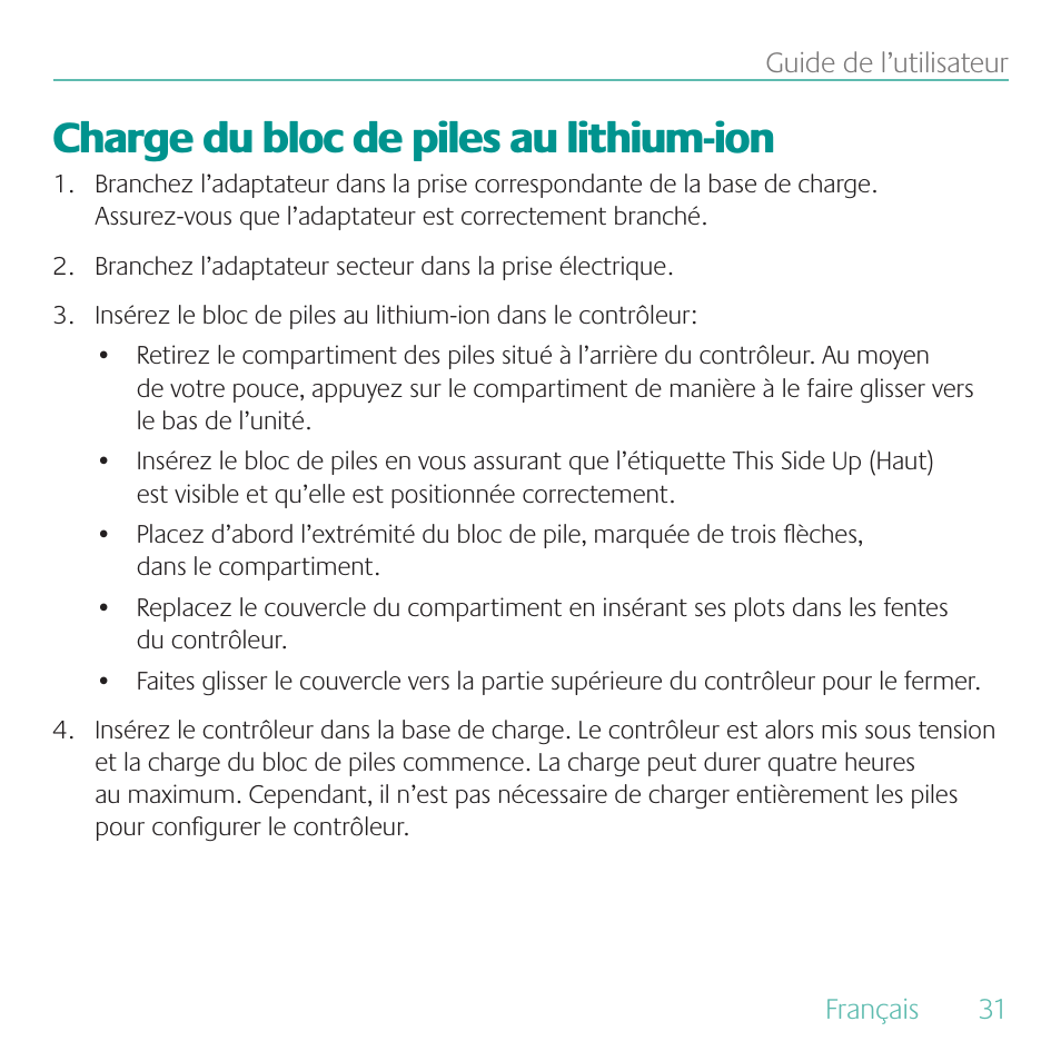 Charge du bloc de piles au lithium-ion | Logitech Duet User Manual | Page 31 / 196