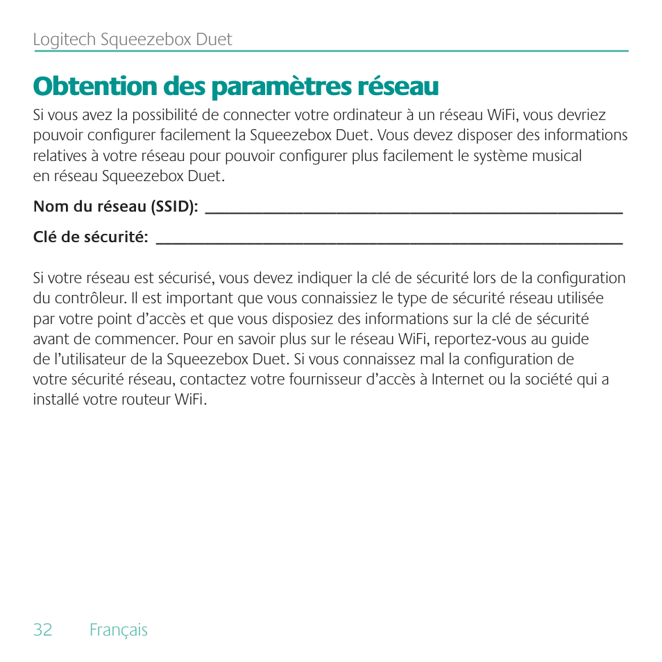 Obtention des paramètres réseau | Logitech Duet User Manual | Page 32 / 196