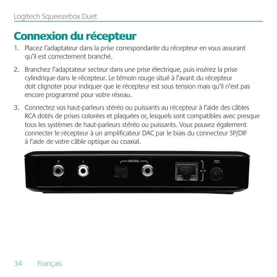 Connexion du récepteur | Logitech Duet User Manual | Page 34 / 196