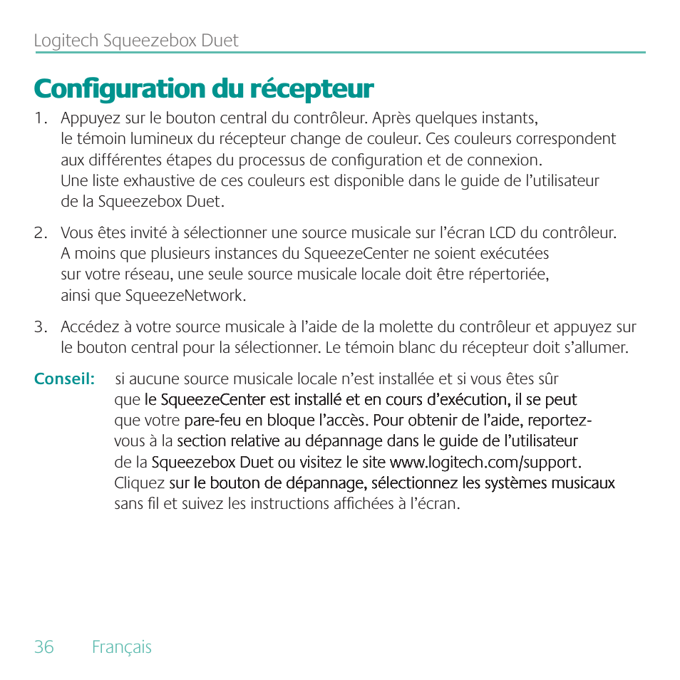 Configuration du récepteur | Logitech Duet User Manual | Page 36 / 196